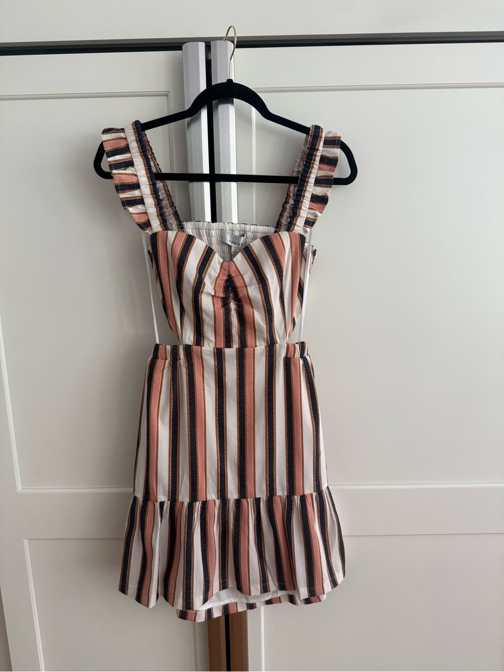 NWT Adelyn Rae Striped Ruffle Strap Mini Dress in Blush, Black, Cream, and Tan